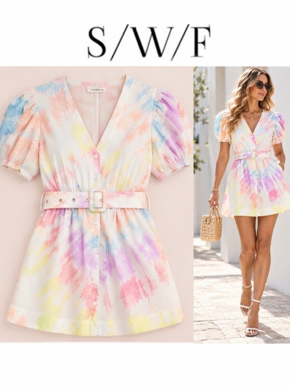 S/W/F Pastel Tie Dye Mini Dress Puff Sleeve Belted Button Front XS Pastel